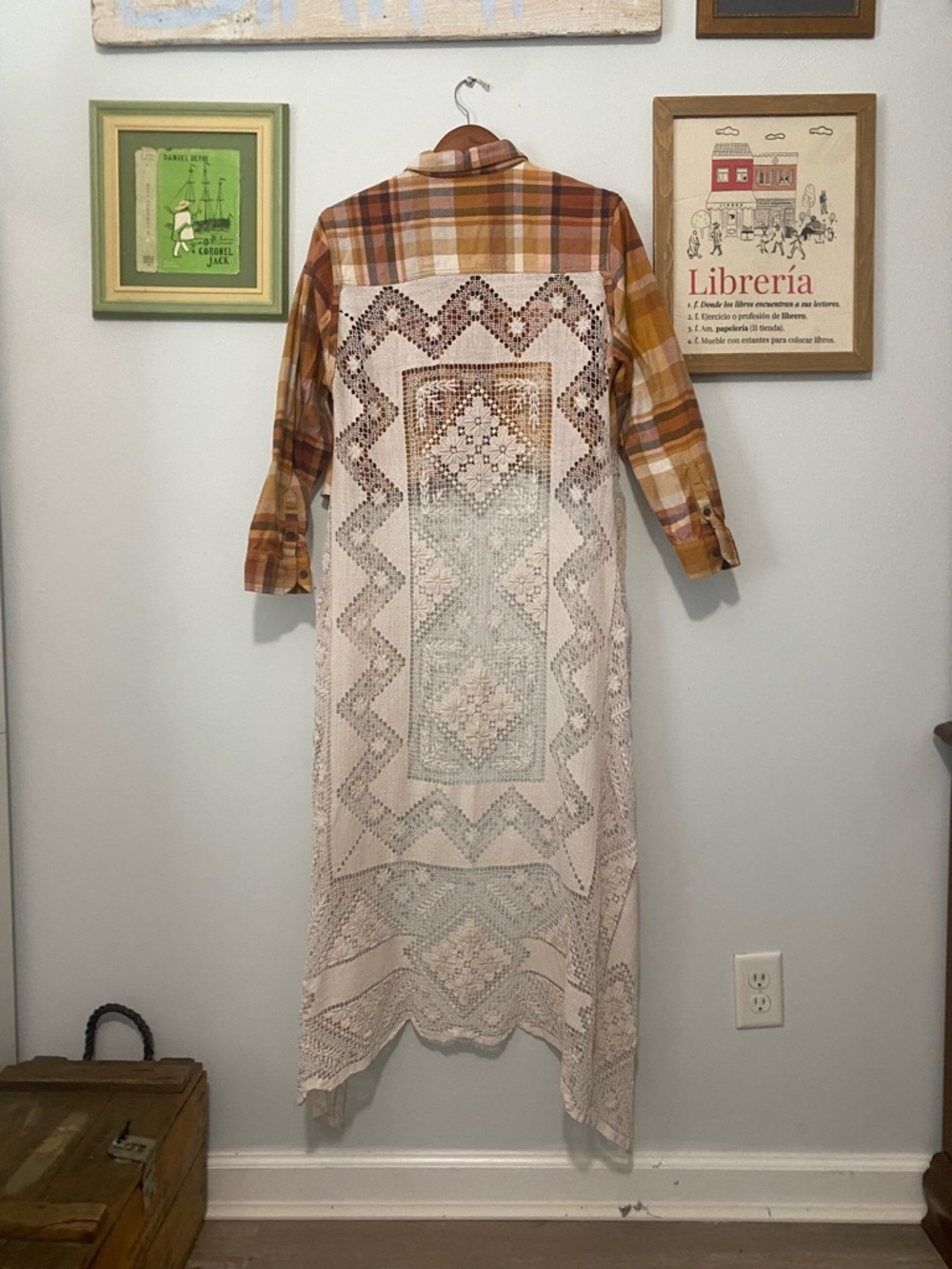 Upcycled Plaid Cropped Button-Up Shirt with Cream Lace Backing